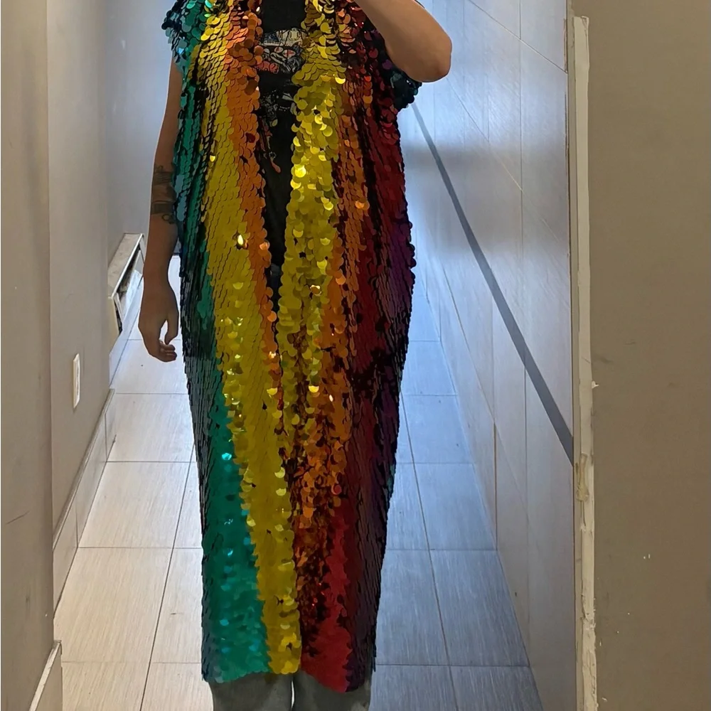 Colorful Rainbow Sequin Party Cape Jacket - Picture 5 of 8